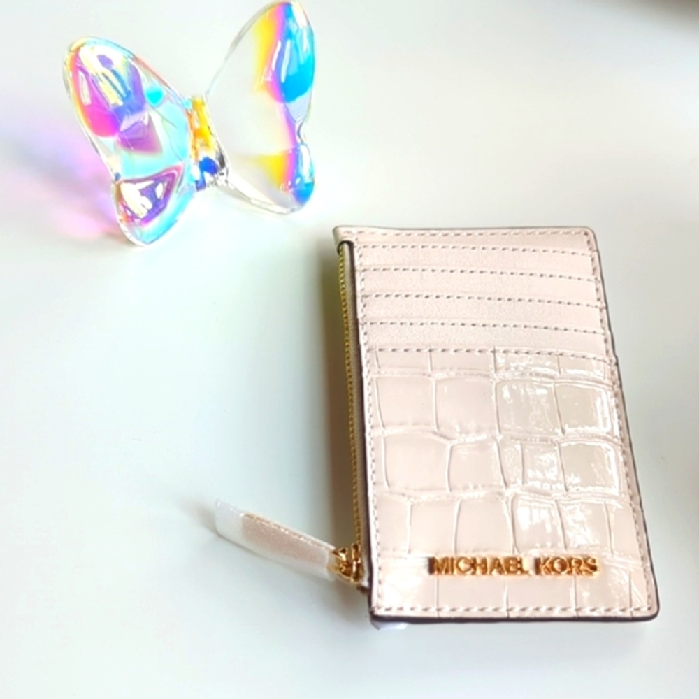 New MICHAEL KORS TOP ZIP CARD CASE COIN POUCH CARD HOLDER WALLET-CREAM